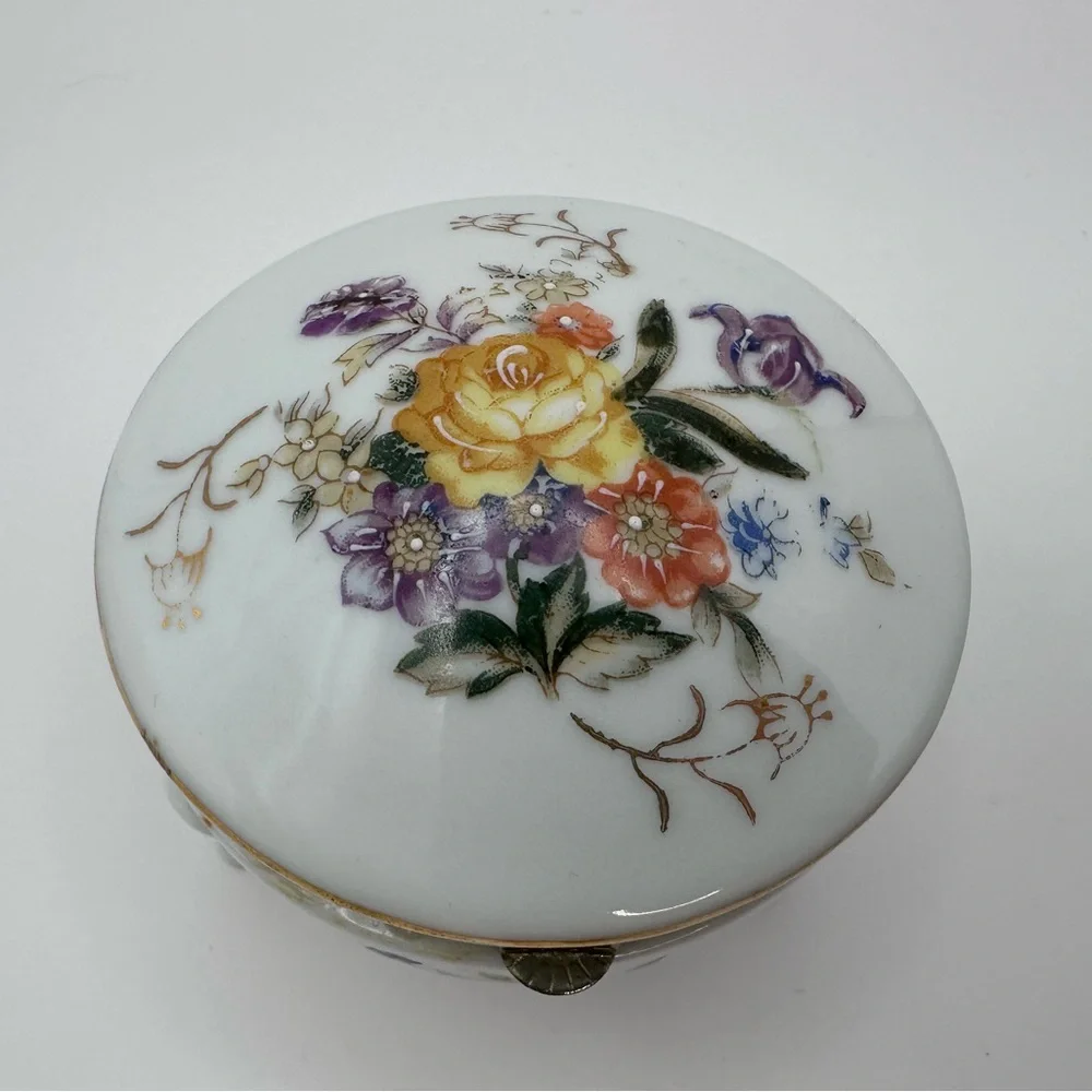 Vintage Lefton China Japan Floral Hinged Trinket Box Gold Trim
